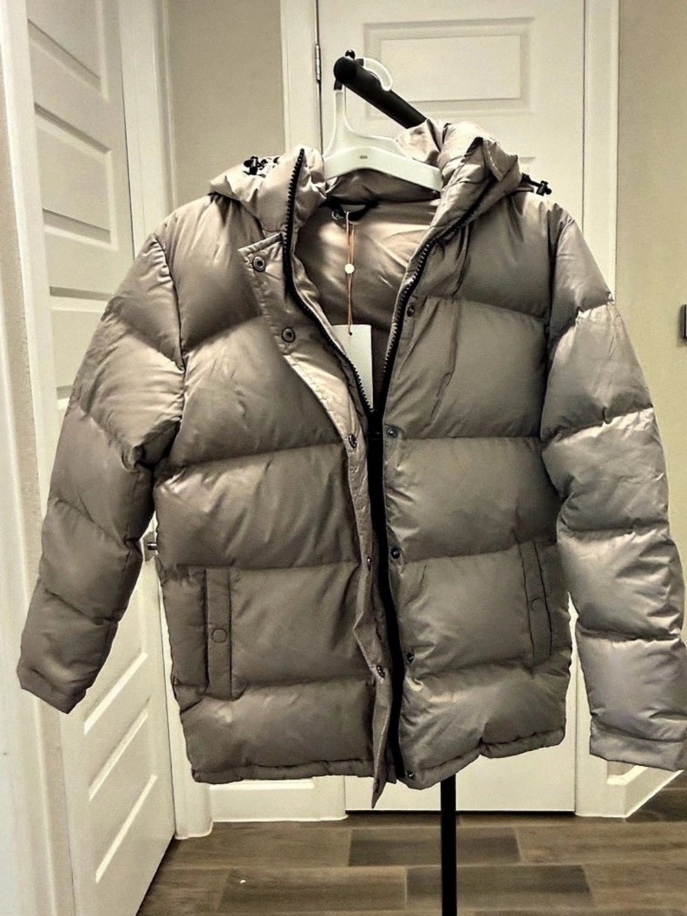 Quince Resposible Down Puffer Hooded Jacket in Morel Gray Small